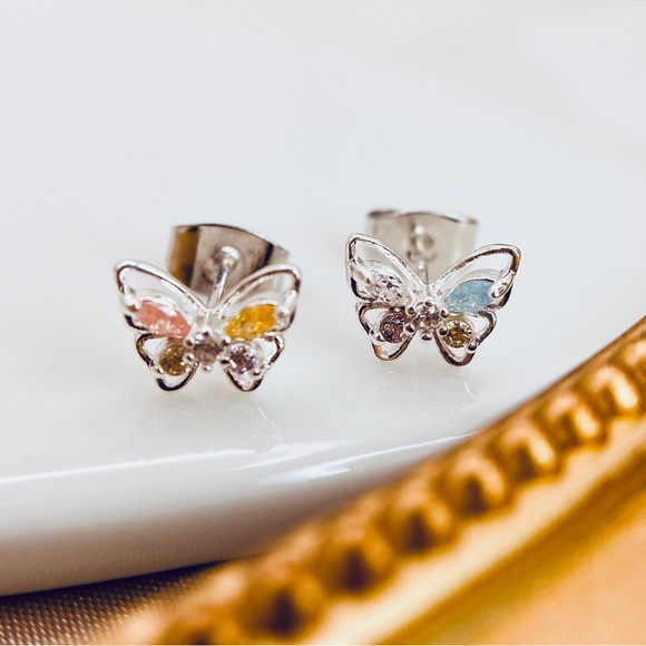 925 Sterling Silver Butterflies CZ Stud Earrings - Picture 5 of 14